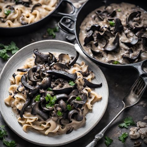 This Black Trumpet Stroganoff recipe comes together quicker than it took for my noodles to boil! You could add meat if that's your thing and really any dried mushroom can be subbed for the trumpets! If you don’t have worcestershire, soy sauce, coconut aminos or fish sauce will work well in its place! By: Chef Lorenzo Tavani Chaga Tea Recipes, Scallop Scampi Recipe, Trumpet Mushrooms Recipe, Black Trumpet Mushrooms, Trumpet Mushrooms, Mushroom Pasta Sauce, Lobster Mushroom, Wild Onions, Mushroom Stroganoff