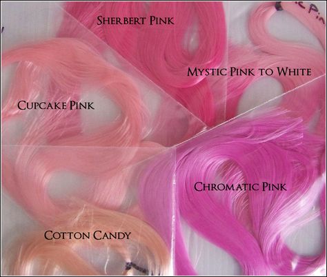 https://flic.kr/p/8ZkoXg | Saran hair pink colors for reference. | Mystic Pink to White is very close to Sherbert pink in color. It turns white with heat, passing by a slightly bluer cupcake pink while warm. Cotton candy really is as fleshy as it looks in the photo. Whimsical Hairstyles, Candy Pink Hair, Cotton Candy Pink Hair, Cupcake Pink, Cotton Candy Hair, Blue Cupcakes, Rainbow Hair Color, White Cupcakes, Candy Hair