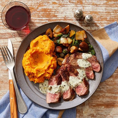 Recipe: Seared Steaks & Creamy Salsa Verde with Mashed Sweet Potatoes & Vegetable Sauté - Blue Apron Leek Mushroom, Blue Apron Recipes, Creamy Salsa, Sweet Potato Mash, Seared Steak, Potato Vegetable, Cremini Mushrooms, Caramelized Onion, Blue Apron