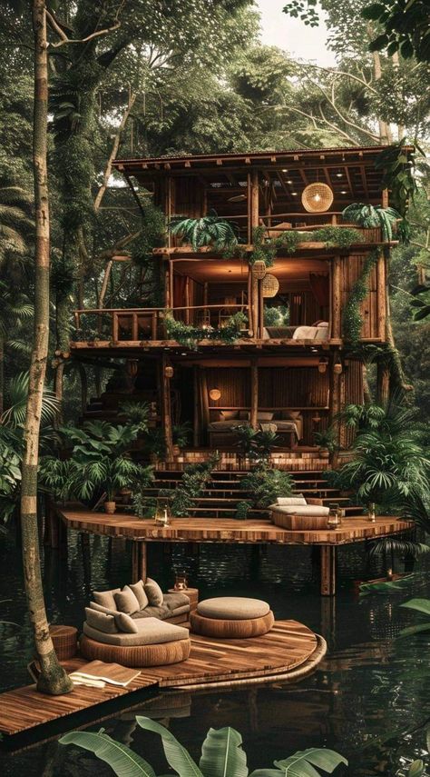 Tropical Cabin House, Jungle Glass House, Dream House In Forest, Jungle House Exterior, Jungle House Aesthetic, Modern Jungle House, Jungle Houses, Tropical Cabin, Jungle Cabin