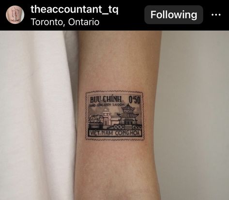 not my tattoo nor my image, just posting for my tattoo inspo board :) if this is yours and you would like me to take this down please message me! done by @ theaccountant_tq at @ theattictattoo Vietnam Stamp Tattoo, Post Card Tattoo, Post Stamp Tattoo, Vietnam Tattoo, Stamp Tattoo, Awesome Tattoos, My Tattoo, Card Tattoo, Tat Ideas