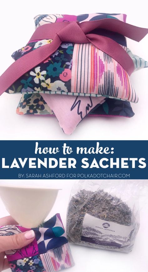 Learn how to make lavender sachets with this simple sewing tutorial. They made great gifts! Clutch Sewing, Simple Sewing Tutorial, Drawer Sachets, Lavender Crafts, Polka Dot Chair, How To Tie Ribbon, Sachet Bags, Simple Sewing, Sewing Tutorials Free