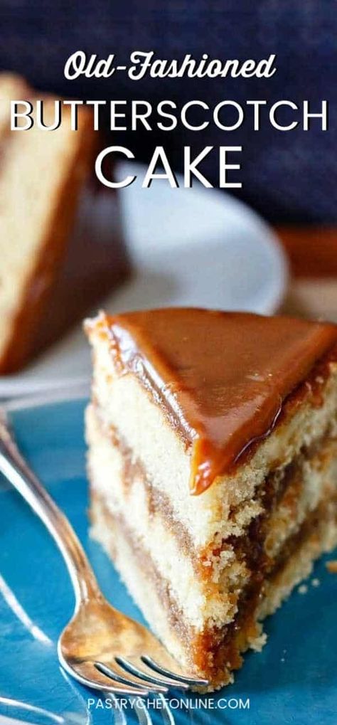 This butterscotch cake is flavored with brown sugar and vanilla and then drenched in butterscotch icing, which is pretty much just soft butterscotch candy poured over the cake. If you like a traditional Southern caramel cake, you will want to try this butterscotch version. Old fashioned cake recipes are good for the soul! #butterscotch #butterscotchcake #oldfasthionedcakerecipes #pastrychefonline Easy Butterscotch Cake, Old Fashioned Cake Recipes, Butterscotch Buttercream, Butterscotch Icing, Old Fashioned Cake, Southern Caramel Cake, Butterscotch Candy, Butterscotch Cake, Golden Cake