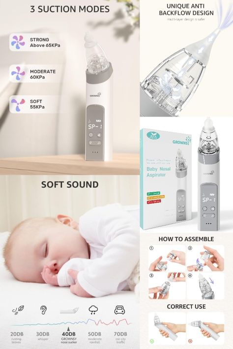 GROWNSY Nasal Aspirator for Baby, Electric Nose Aspirator for Toddler, Baby Nose Sucker, Automatic Nose Cleaner with 3 Silicone Tips, Adjustable Suction Level, Music and Light Soothing Function Baby Nose, Nose Cleaner, Nasal Aspirator, Baby Wishlist, Sick Baby, Light Music, Baby Essentials, Baby Baby, Soft Silicone