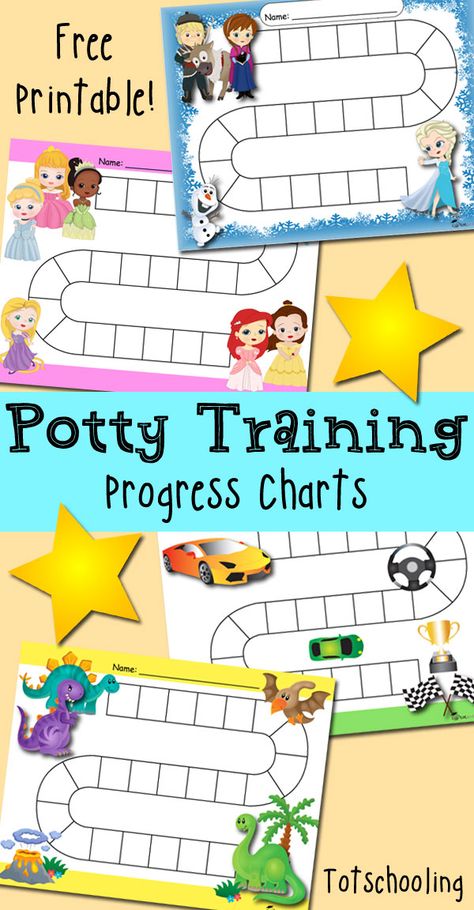 FREE Potty Training progress and reward charts featuring Frozen theme, princesses, dinosaurs and race car themed. Sticker Chart Printable, Homeschooling Printables, Potty Training Sticker Chart, Printable Potty Chart, Potty Training Stickers, Progress Chart, Potty Training Rewards, Potty Training Girls, Toddler Potty