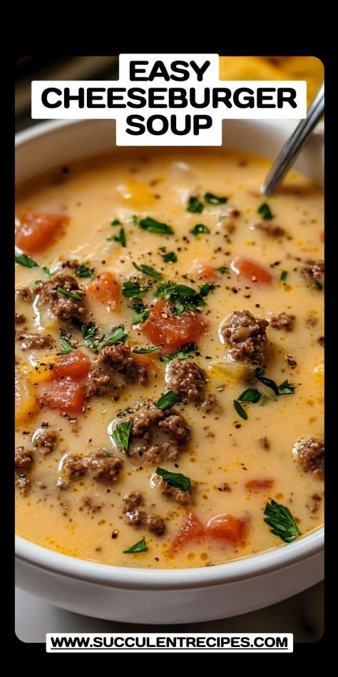 Warm up with this easy-to-make cheeseburger soup. It’s cheesy, filling, and perfect for a chilly day! Burger Soup Recipes, Easy Cheeseburger Soup, Easy Soup Recipes Quick, Soup Hamburger, Cheese Burger Soup, Best Hamburger Recipes, Burger Soup, Gf Soups, Christmas Desert