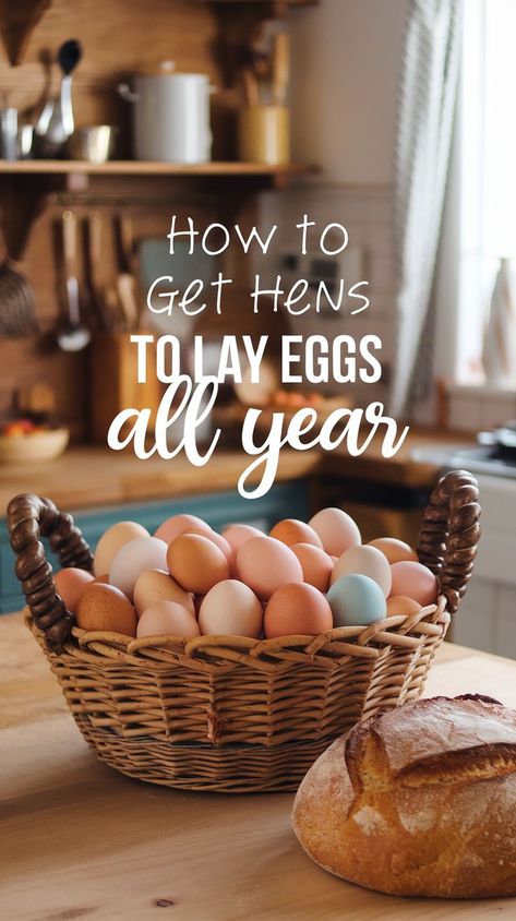 A wicker basket filled with brown and blue eggs sits on a wooden kitchen counter next to a loaf of bread. Text reads, "How to Get Hens to Lay Eggs All Year." Help Chickens Lay Eggs, Chickens Not Laying Eggs, Best Chicken Feed, Cute Chicken Coops, Cute Chicken, Egg Laying, Chicken Feed, Cute Chickens, Backyard Chickens