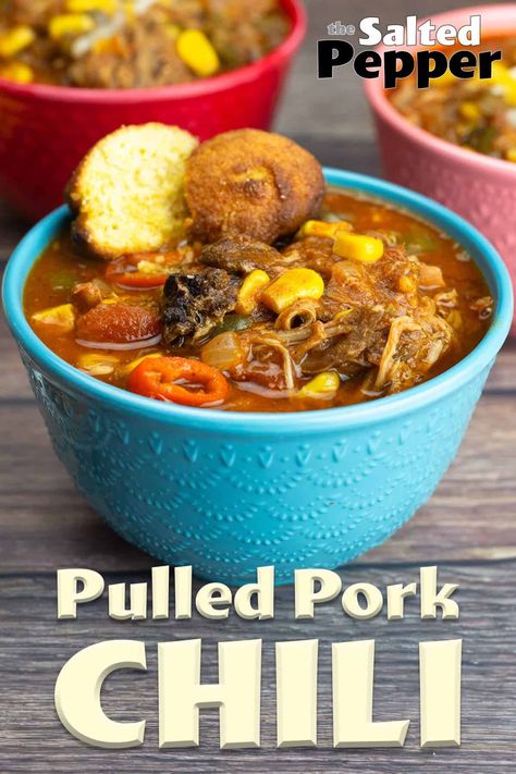 Transform leftover pork into a hearty, flavor-packed dish perfect for quick weeknight meals! Chili meets BBQ and it's a match made in heaven! Quick chili recipe that is ready in an hour or less! Chili Made With Pork, Bbq Pork Chili, Chili With Pulled Pork, Leftover Pulled Pork Chili Recipe, Hatch Chili Pork Stew, Pulled Pork Chili Recipe, Pork Chili Recipe, Quick Chili Recipe, Pulled Pork Chili