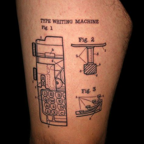 Schematic Tattoo, Typewriter Tattoo, Writer Tattoo, Type Writing, Tattoo 2024, Writing Machine, Machine Tattoo, Patchwork Sleeve, Simple Machines