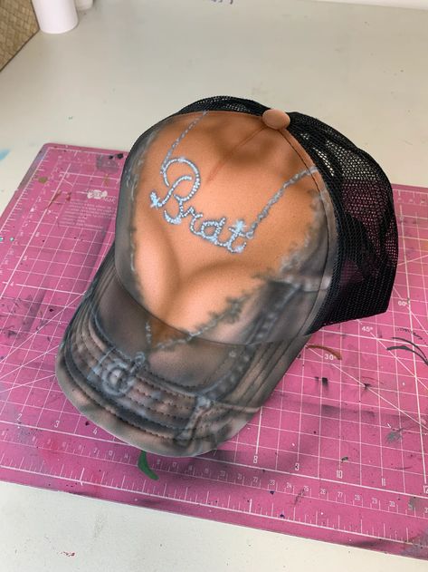 Spacebrat - Brat Trucker Hat Glass Shoes, Unique Hats, Hat Ideas, Graphic Design Fun, Cool Hats, Hand Painting, Custom Hats, Boots For Sale, Night Outfits