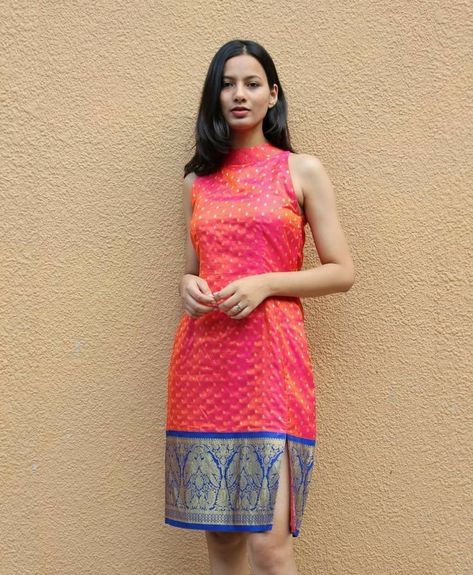 Saree Reuse, Diwali Dresses, Recycled Dress, Simple Kurta Designs, Long Kurti Designs, Western Dress, Saree Dress, Indian Fashion Dresses, Kurta Designs