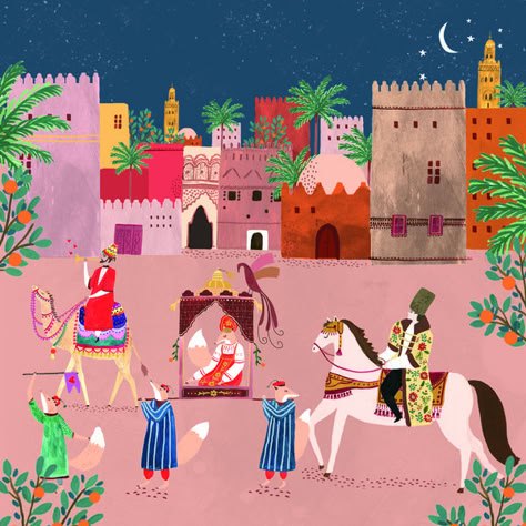 A magical illustration of Marrakech. Magical Illustration, Night Illustration, Artfully Walls, Animal Education, Printmaking Art, Style Hijab, Arabic Art, Idul Fitri, Travel Illustration