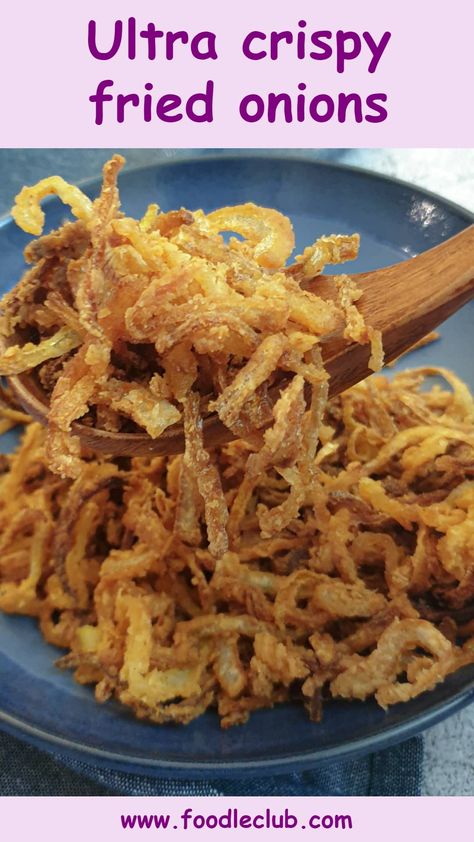 These crispy fried onions are a taste sensation and so quick to make. Top them on hamburgers or hotdogs, sprinkle them over salads, serve as a side dish with steak, or just eat them as a tasty snack. But whatever you do, just make them! You won't be sorry! Onion Crisps Fried, Air Fried Crispy Onions, How To Make Crispy Onions, Homemade Crispy Fried Onions, Air Fryer Crispy Onion Straws, Homemade Crispy Onions, Homemade Fried Onions, How To Make Fried Onions, French Fried Onions Air Fryer