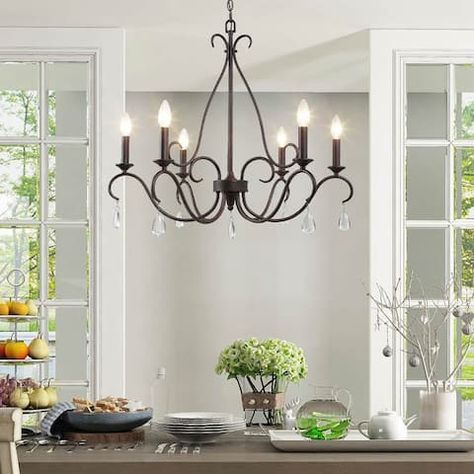 Chandeliers | Find Great Ceiling Lighting Deals Shopping at Overstock Crystal Chandelier Farmhouse Dining Room, Country Farmhouse Light Fixtures, Black Iron Chandelier Dining Room, Farmhouse Dining Light, Dining Room Light Fixtures Over Table, Black Dining Chandelier, Dining Table Lighting Ideas, Dining Room Chandelier Ideas, Dining Room Fixtures