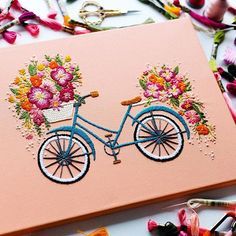 Riding with flowers is up in the shop now! Love everything about this piece. 💃🏿🚲🌿💃🏿🚲🌿💃🏿🚲🌿🚲💃🏿🌿🚲💃🏿🌿 Thread Storage, Embroidery Hearts, Hand Embroidery Patterns Flowers, Floral Embroidery Patterns, Hand Embroidery Projects, Hand Embroidery Flowers, Pola Sulam, Red Embroidery, Hand Embroidery Design Patterns