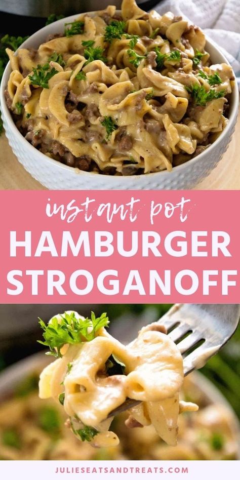 Instant Pot Hamburger Stroganoff is a quick and easy dinner recipe made in your electric pressure cooker! It's all the favorite flavors of your traditional hamburger stroganoff but easier! Your entire family is going to love this Instant Pot dinner recipe! It's a stress-free, family friendly, easier and delicious recipe! #instantpot #dinner Egg Noodle Instant Pot Recipes, Instant Pot Beef Stroganoff With Cream Of Mushroom Soup, Uses For Cream Of Mushroom Soup, Instant Pot Egg Noodle Recipes, Ground Beef And Noodles Instant Pot, Instant Pot Stroganoff Ground Beef, Hamburger Meat Instant Pot Recipes, Instant Pot Hamburger Recipes, Mushroom Dinners