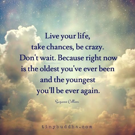 Live your life, take chances, be crazy. Don't wait. Because right now is the oldest you've ever been and the youngest you'll be ever again. Jillian Benfield Quote, Purple Goddess, Blog Quotes, Yoga Relaxation, Now Quotes, Tiny Buddha, Freedom Quotes, Clock Faces, Family Books