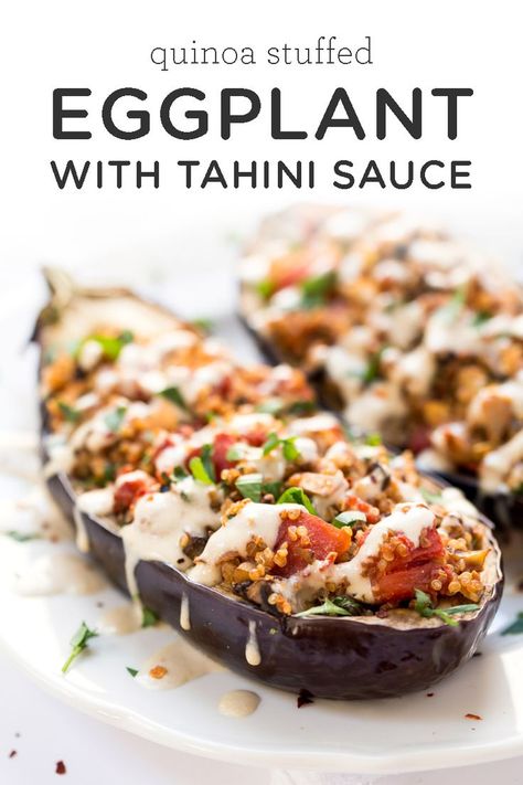 Quinoa Sauce, Eggplant With Tahini Sauce, Eggplant Quinoa, Mediterranean Quinoa, Vegan Eggplant, Tahini Recipe, Stuffed Eggplant, Plats Healthy, Eggplant Recipe