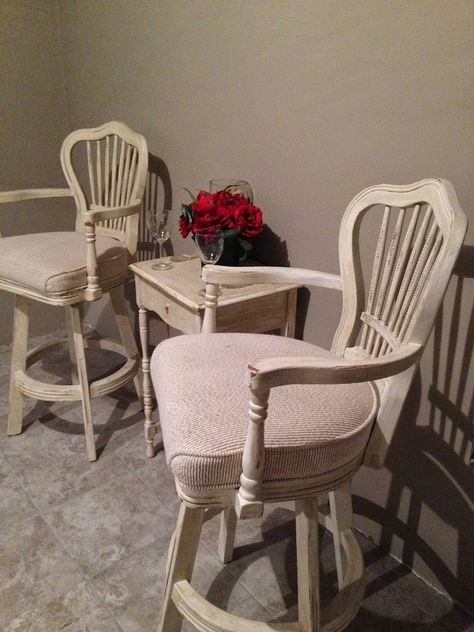 Refurbished Bar Stools, Barstools With Backs, Wooden Barstools, Bar Stool Makeover, Stool Makeover, Antique White Paints, Hand Sander, Upstairs Bedroom, Bar Areas