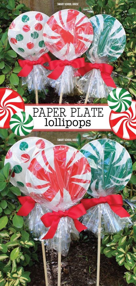 You won't believe how easy and fun it is to make these giant paper plate lollipops for Christmas. They are ADORABLE! Super cute as a garden Christmas decoration or line your driveway with them! They cost less than a dollar each to make! Have fun with your kids making some of these paper plate lollipops to decorate your home and garden the year. #christmas #decoration #garden #outside #easy #holiday Paper Plate Lollipops, Lollipop Decorations, Outdoor Christmas Diy, Christmas Decorations Diy Crafts, Kitchen Christmas, Candy Decorations, Diy Outdoor Decor, 카드 디자인, Christmas Decorations Diy Outdoor