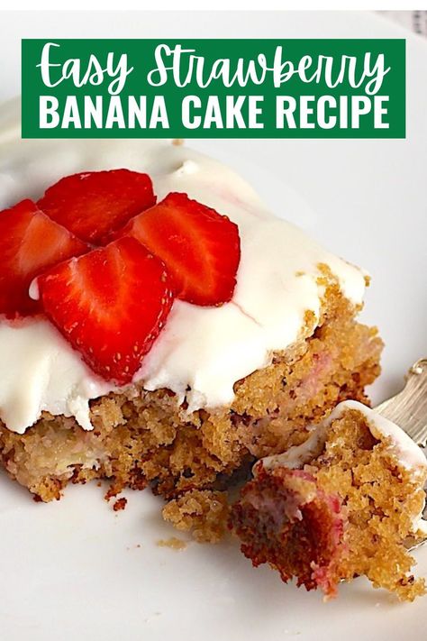 Strawberry Banana Cake is a bright and sweet dessert that’s easy to make. It’s loaded with fruit, so it’s super moist. Perfect for a breakfast, Mother's Day brunch, or dessert. Strawberry Banana Bundt Cake, Strawberry Banana Cake, Strawberry Banana Cakes, Busy Mom Recipes, Strawberry Vanilla Cake, Easy Spring Recipes, Fluffy Cake, Banana Cake Recipe, Mother's Day Brunch