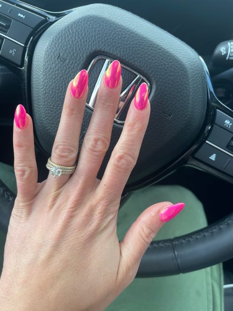 Nail Ideas For Hot Pink Dress, Beach Crome Nails, Nails For A Pink Prom Dress, Hot Pink Prom Nails Almond, Basic Hot Pink Nails, Hoco Nails Hot Pink, Nails To Match Hot Pink Dress, Homecoming Pink Nails, Bright Pink Prom Nails