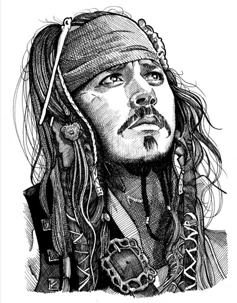 Pen Art Work Illustrations, Jack Sparrow Dibujo, Hatching Sketch, Jack Sparrow Drawing, Portrait Pen, Hyperrealism Paintings, Sparrow Art, Celebrity Artwork, Pen Art Work