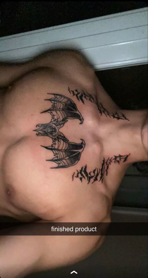 Mens Bat Tattoo, Gothic Men Tattoo, Bat Wings Chest Tattoo, Bat Neck Tattoo Men, Bat Tattoo Ideas Men, Bats Neck Tattoo, Bat Wing Chest Tattoo, Bat Tattoo On Back, Collarbone Bat Tattoo