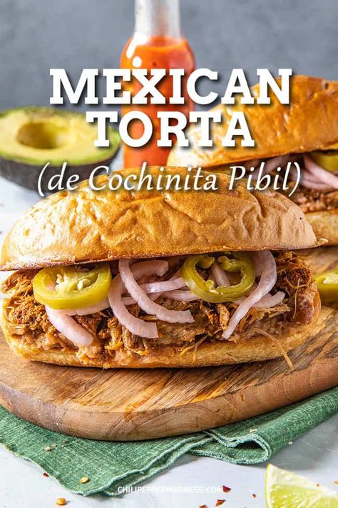 This Mexican torta recipe is loaded with juicy and tender cochinita pibil from the Yucatan, spiced with achiote, the ultimate Mexican pulled pork sandwich. Mexican Shredded Pork, Shredded Mexican Pork, Mexican Tortas Recipe, Mexican Pork Pibil, Pork Tostadas Shredded, Refried Beans Recipe Easy, Mexican Pulled Pork Recipe, Mexican Sandwich, Pork Sandwich Recipes