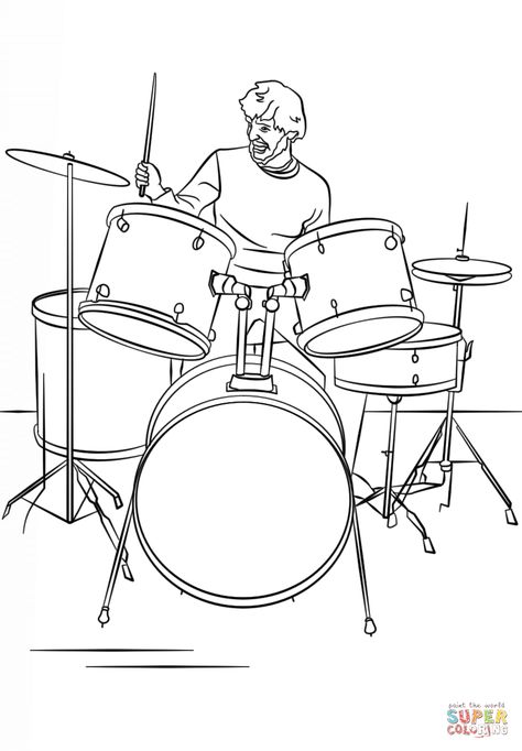 Drawing Of Drum Set, Playing Drums Drawing Reference, Drum Set Drawing, Drums Drawing, Drum Drawing, Drum Tattoo, Drums Art, Coloring Page Ideas, Color Magic