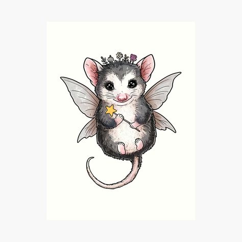 Get my art printed on awesome products. Support me at Redbubble #RBandME: https://www.redbubble.com/i/art-print/Adorable-Fairycore-Possum-with-Wings-Cute-feral-Fairy-possum-Opossum-by-Unitepeople/162441316.1G4ZT?asc=u Possum With Fairy Wings, Opossum Tattoo Cute, Halloween Possum, Opossum Drawing, Possum Tattoo, Opossum Tattoo, Opossum Art, Screaming Drawing, Ornament Inspiration