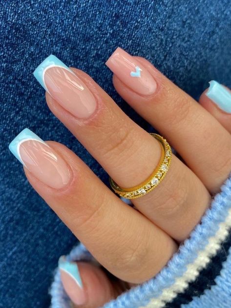 cute light blue nails with a heart accent Cute Light Blue Nails, Baby Blue Acrylic Nails, Blue And White Nails, Light Blue Nails, Baby Blue Nails, Blue Acrylic Nails, Simple Gel Nails, White Acrylic Nails, Summery Nails