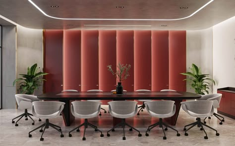 Conference Room Wall Panelling, Red Conference Room, Red Office Interior Design, Board Room Design Corporate, Colorful Meeting Room, Modern Meeting Room Design, Meeting Room Design Creative, Office Conference Room Design, Board Meeting Room