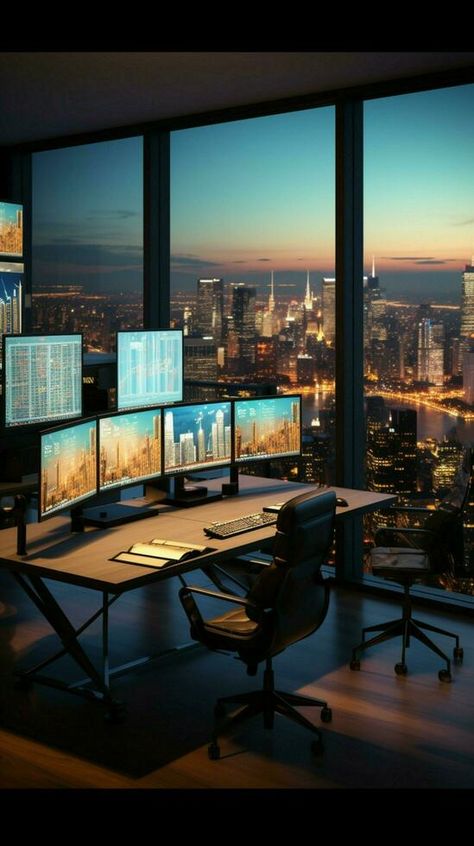 Modern corporate office with a side view of screens displaying financial data Vertical Mobile Wallpaper AI Generated Modern Corporate Office, Office Wallpaper, Tall Buildings, Large Window, Corporate Office, Large Windows, Side View, Mobile Wallpaper, The Office