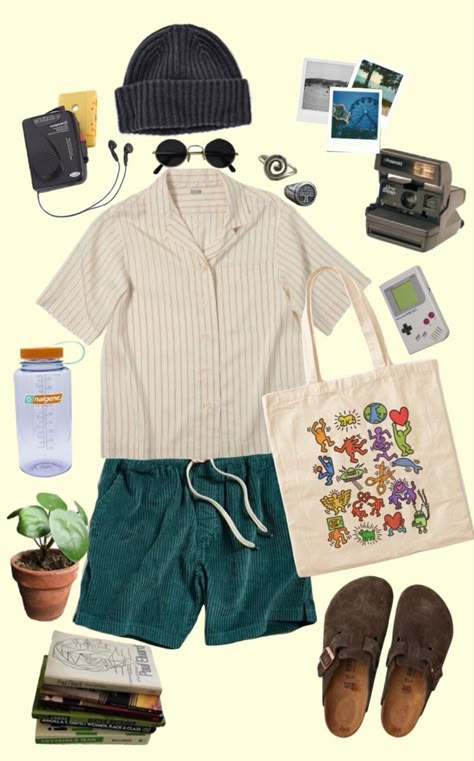 Indie Outfits Men Summer, Picnic Outfit Ideas Men, Summer Camp Outfits Men, Obx Outfits Men, Earthy Summer Outfits Men, Indie Boy Summer Outfit, Men’s Hippie Fashion, Warm Weather Outfits Men, Artsy Boy Outfit