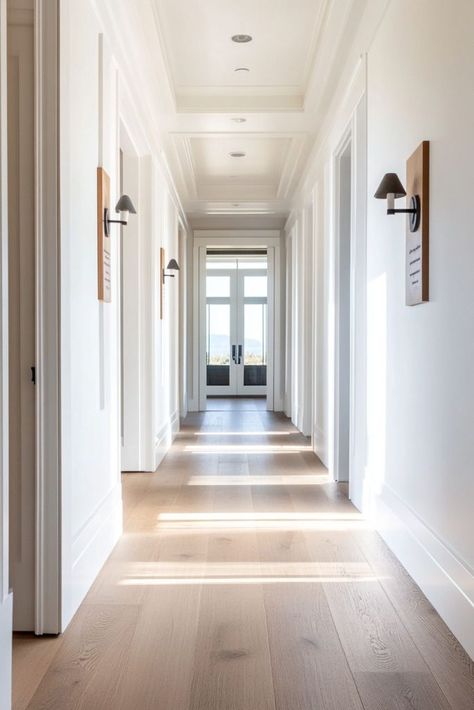 40 Ways To Decorate a Long Hallway: Ideas for a Stunning Space Condo Hallway Aesthetic, Very Narrow Hallway Ideas, Magnolia Hallway Ideas, Long Entry Hallway Ideas Modern, Entry Gallery Wall Entryway, Make Hallway Look Bigger, Long Hallway Lighting Ideas, Decorate Hallway Walls, Large Hallway Ideas Entrance