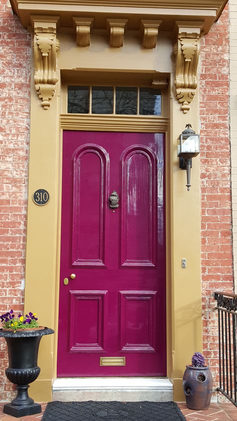 Front Door - Fine Paints of Europe Hollandlac Brilliant CC0104  Trim - Benjamin Moore Soft Gloss HC-37 Window - Benjamin Moore Soft Gloss HC-30 Raspberry Front Door, Pink Front Door Colors, Magenta Front Door, Purple Front Door Colors, Burgundy Front Door, French Door Curtains Diy, Purple Front Door, Front Door Color Ideas, Door Color Ideas