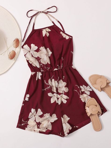 Floral Halter Romper | ROMWE USA Combi Short, Cami Romper, Belted Romper, Halter Romper, Burgundy Floral, Floral Jumpsuit, Floral Romper, Sleeved Romper, Outfit Idea