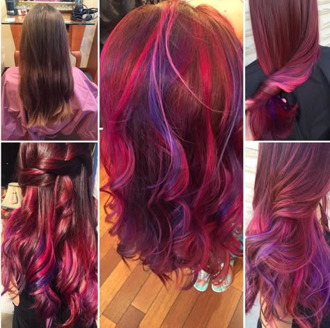 Hair color. Red and purple                                                                                                                                                                                 More Hair For Medium Length Hair Colour, Red Hair Purple Underneath, Red And Purple Highlights, Purple And Red Hair, Red And Purple Hair, Purple Red Hair, Colored Hairstyles, Hair Color Red, Red Hair Trends