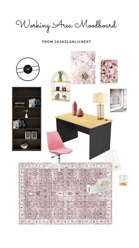 Pink, black and gold color Black Office Desk, Black Office Decor, Office Desk Ideas, Beige Office, Work Office Decor, Black Office, Modern Boho, Working Area, Pink And Black