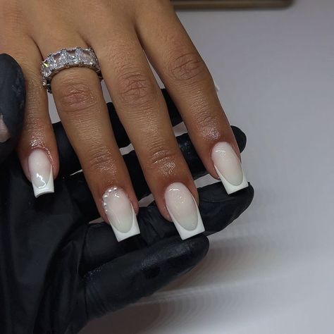 Bride Nails Wedding Square, Straight White Nails, Nails With B Initial, White Base French Nails, Milk White Nails Design, White On White French Manicure, White On White French, Classy White Nails, Milk White Nails