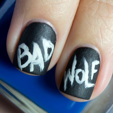 Doctor Who Nails, Bad Wolf Doctor Who, Black And White Nail, Black And White Nail Art, Hallowen Ideas, White Nail Art, White Nail, Wibbly Wobbly Timey Wimey Stuff, Bad Wolf