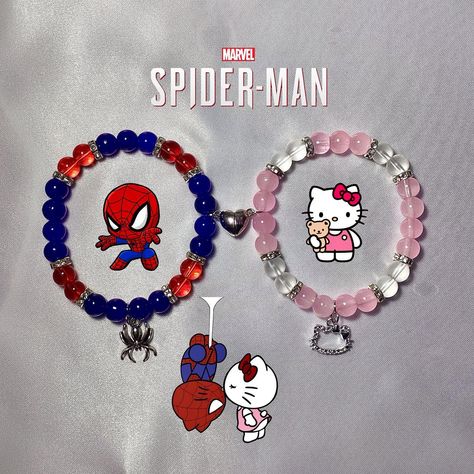 ~* SPIDERMAN MATCHING BRACELETS *~ ——> Available in shop linked in Bio - - - - #spiderman #milesmorales #beadedbracelets #charmbracelets #bracelets #jewelry #smallbusiness #braceletsbymar Bracelet Ideas Spiderman, Hello Kitty And Spiderman Bracelet, Spiderman Beaded Bracelet, Spiderman Bracelet, Girly Bracelets, Bracelet Matching, Cute Friendship Bracelets, Bff Bracelets, Crystal Bead Jewelry