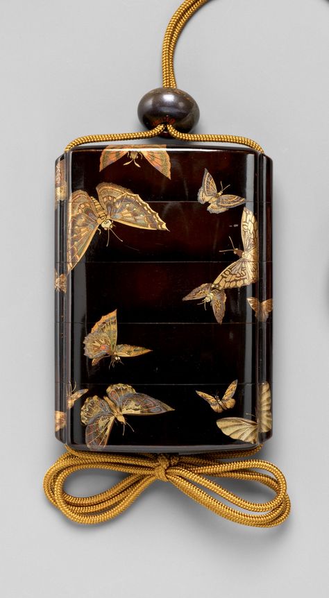 Japanese Case (Inrō) with Design of Butterflies. Edo period (1615–1868). 19th century Lacquer, roiro, gold and coloured togidashi; Interior: fundame. The Met Museum Japanese Antiques Jewelry, Japanese Jewellery, Japanese Inro, The Met Museum, Japanese Lacquerware, Japanese Jewelry, Japanese Textiles, Art Nouveau Jewelry, Edo Period