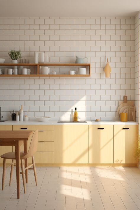 #homedecor, #interiordesign, #homedesign, #decor inspiration Simple Wooden Kitchen Cabinets, Yellow Pastel Kitchen, Yellow Plywood Kitchen, Yellow And Beige Kitchen, Light Yellow Interior Design, Copenhagen Kitchen Design, Yellow Mid Century Kitchen, Yellow Tiled Kitchen, Mod Century Modern Kitchen