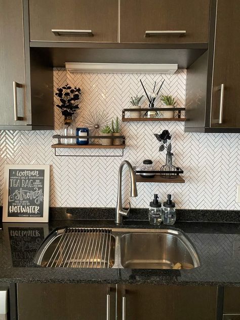 What To Put Above Sink With No Window, Over The Sink Wall Decor Kitchen, Decor Over Kitchen Sink No Window, Kitchen Without Windows Ideas, Decorating Above Kitchen Sink No Window, Decor Over Sink No Window, Behind The Sink Shelf, Over Sink Storage Kitchen, Kitchen Sink No Window Ideas Decor