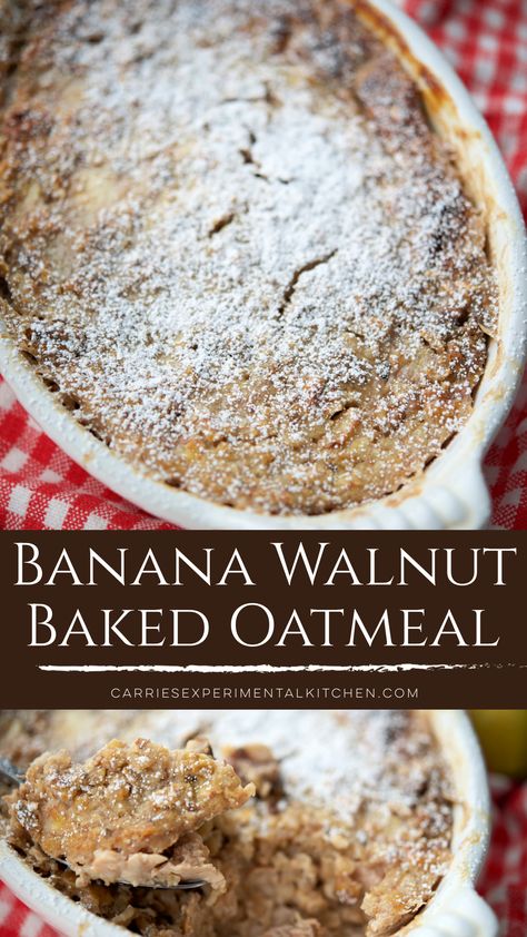 Whole grain oats combined with bananas, crunchy walnuts, eggs and milk; then baked into a delicious breakfast casserole.  #breakfast Breakfast Recipes For Kids, Oatmeal And Eggs, Baked Apple Oatmeal, Easy Healthy Breakfast Ideas, Delicious Breakfast Casserole, Banana Oatmeal Pancakes, Casserole Breakfast, Banana Baked Oatmeal, Breakfast Oatmeal Recipes