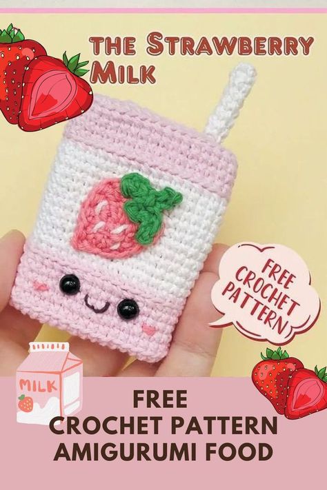 With this easy-to-follow pattern, you can create your very own Strawberry Milk Amigurumi using a variety of yarns and colors. Whether you're an experienced crocheter or just starting out, this pattern is perfect for any skill level. Use your finished Strawberry Milk Amigurumi as a cute decoration for your kitchen or dining area, or give it as a gift to the foodie in your life. It's sure to become a treasured part of any food-themed decor. Food Crochet Patterns Free, Milk Crochet, School Crochet, Toy Crochet Patterns, Scrap Crochet, Food Crochet, Crochet Pieces, Crochet Strawberry, Amigurumi Tutorial