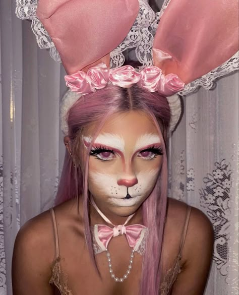 Creepy Bunny Makeup, Snow Bunny Makeup Look, Pink Bunny Makeup, Bunny Makeup Tutorial, White Bunny Makeup, Scary Bunny Costume, Scary Bunny Makeup, Rabbit Halloween Makeup, Bunny Makeup Halloween