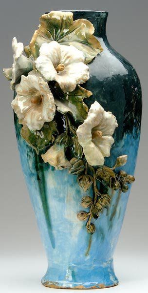 T.J. WHEATLEY Tall Albertine vase modeled with applied hibiscus on a barbotine painted ground. Balinese Decor, Beautiful Vases, Lucky Duck, Majolica Pottery, China Dishes, Glazed Pottery, Clay Vase, Limoges Porcelain, China Painting